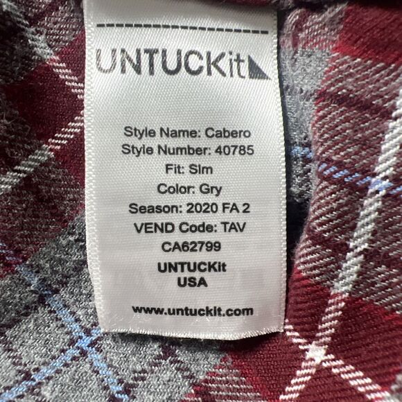 Untuckit Shirt Mens Slim Fit Flannel Red Gray Plaid LS Button Up Cabero Medium - Picture 6 of 10